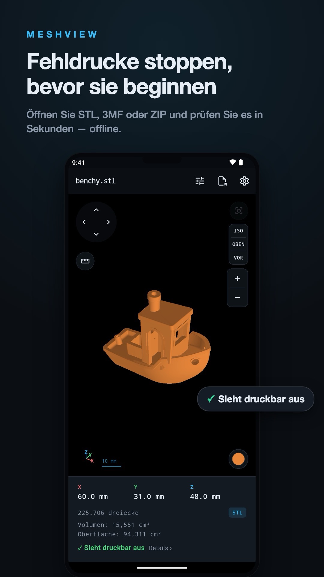 MeshView zeigt ein mehrfarbiges 3D-Modell mit Maßen und Dreiecksanzahl