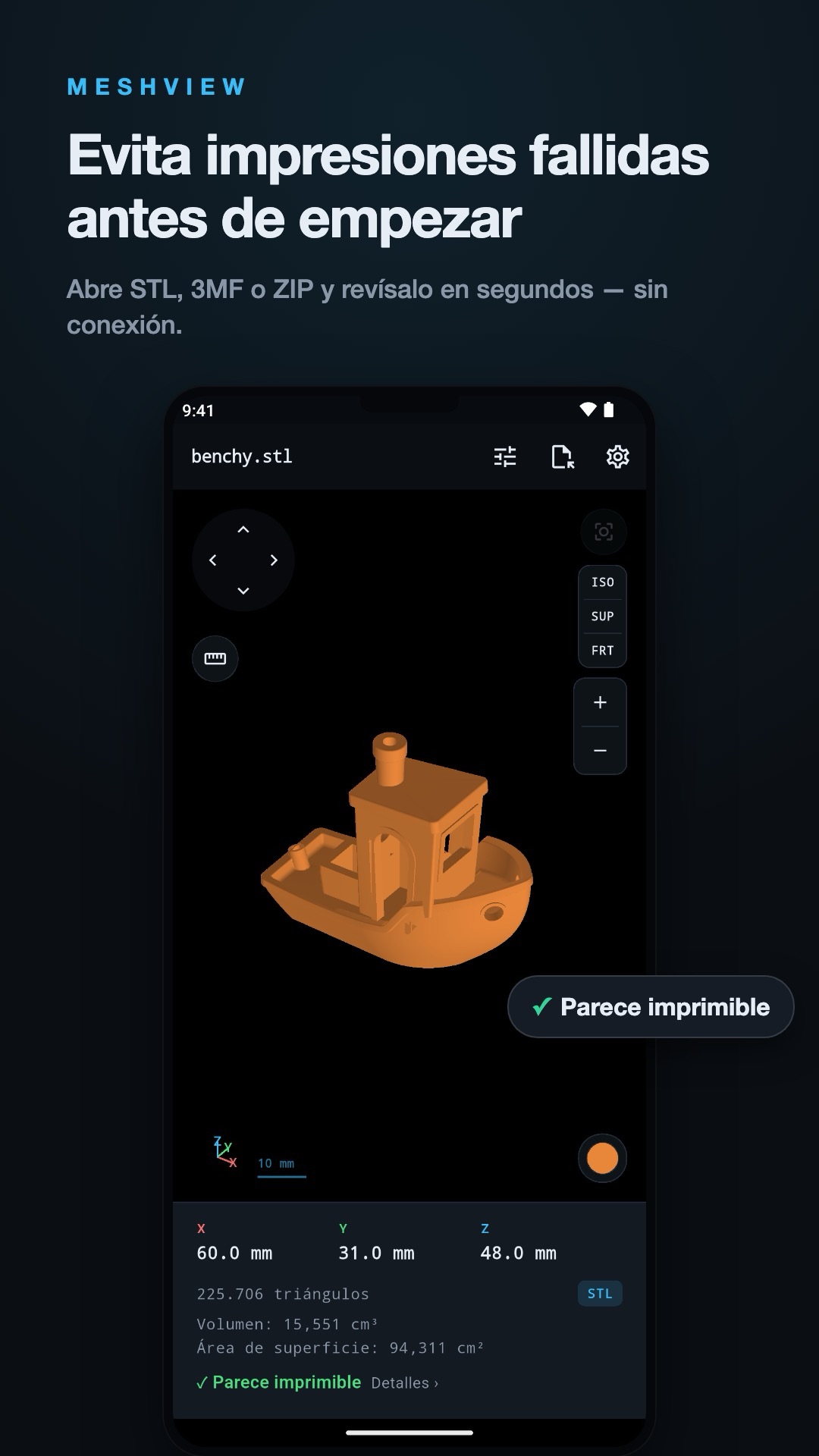 MeshView mostrando un modelo 3D multicolor con sus dimensiones y número de triángulos