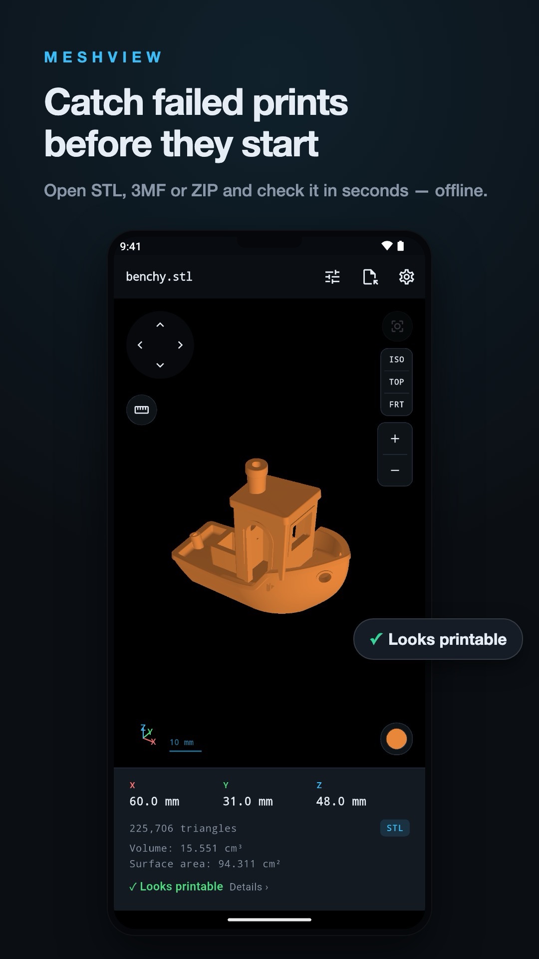 MeshView showing a multi-colour 3D model with its dimensions and triangle count